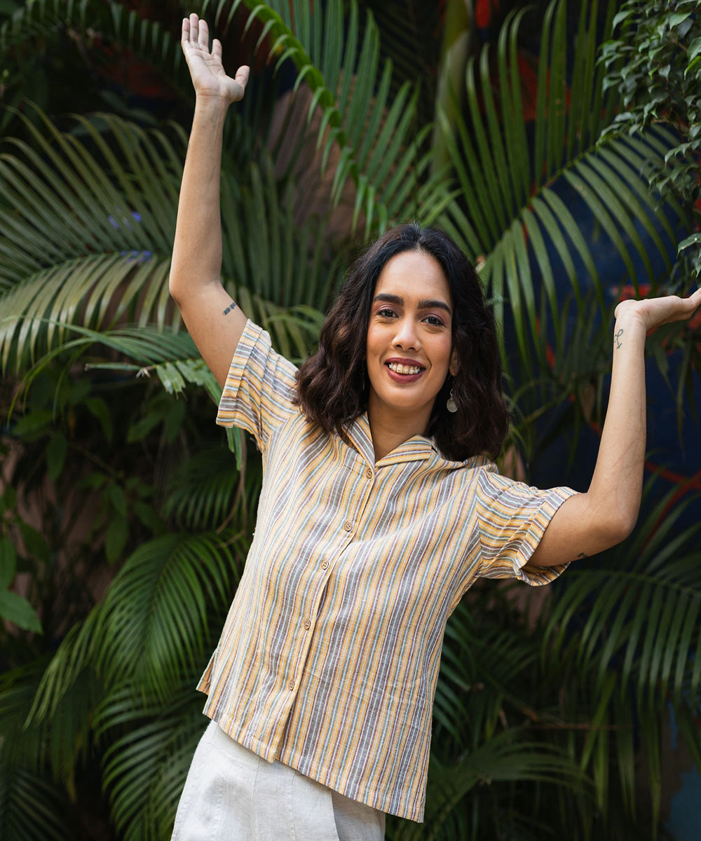 Yellow handwoven stripe cotton shirt