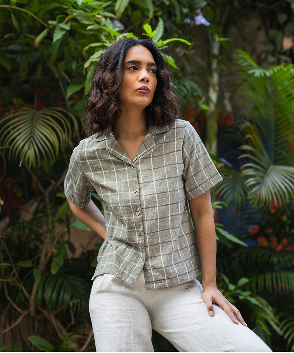 Grey handwoven checks cotton shirt