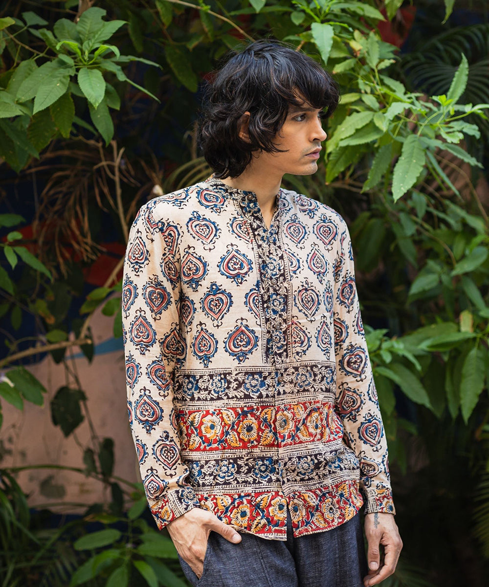 Multicolor hand block printed kalamkari cotton shirt