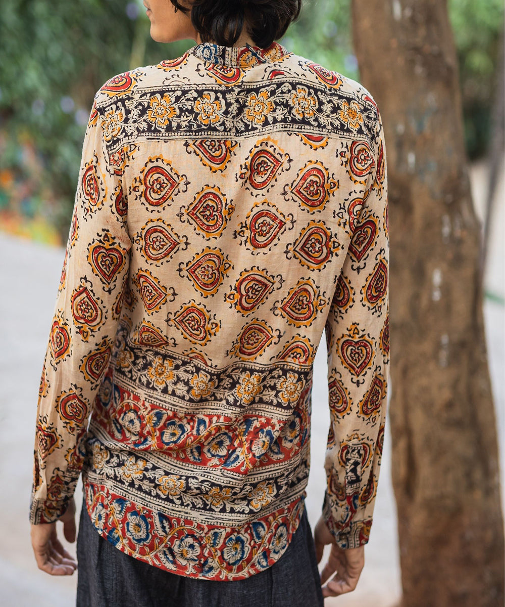 Multicolor cotton hand block printed kalamkari shirt