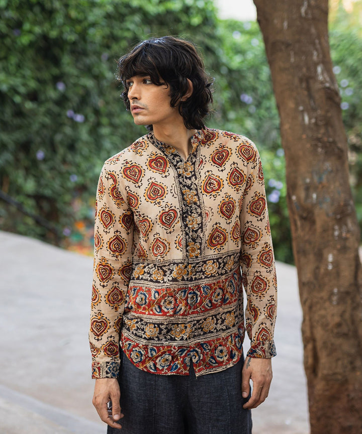 Multicolor cotton hand block printed kalamkari shirt