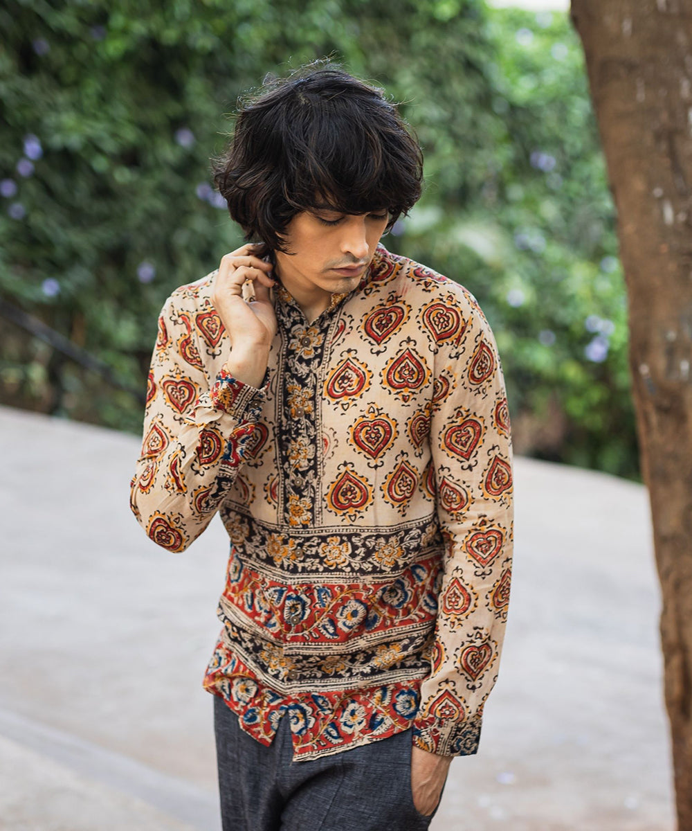 Multicolor cotton hand block printed kalamkari shirt