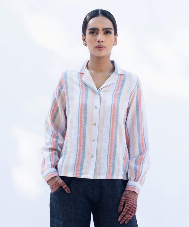 White multicolor handcrafted resort collar cotton shirt