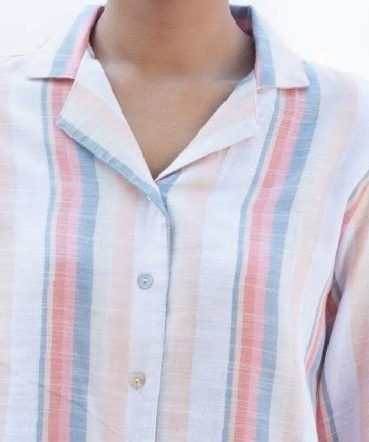 White multicolor handcrafted resort collar cotton shirt