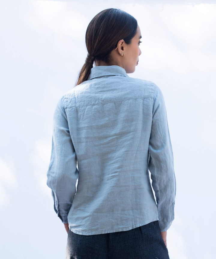 Blue handcrafted linen shirt with lace