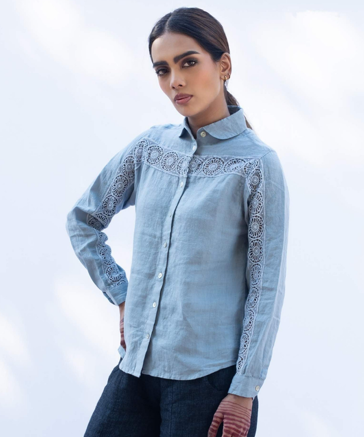 Blue handcrafted linen shirt with lace