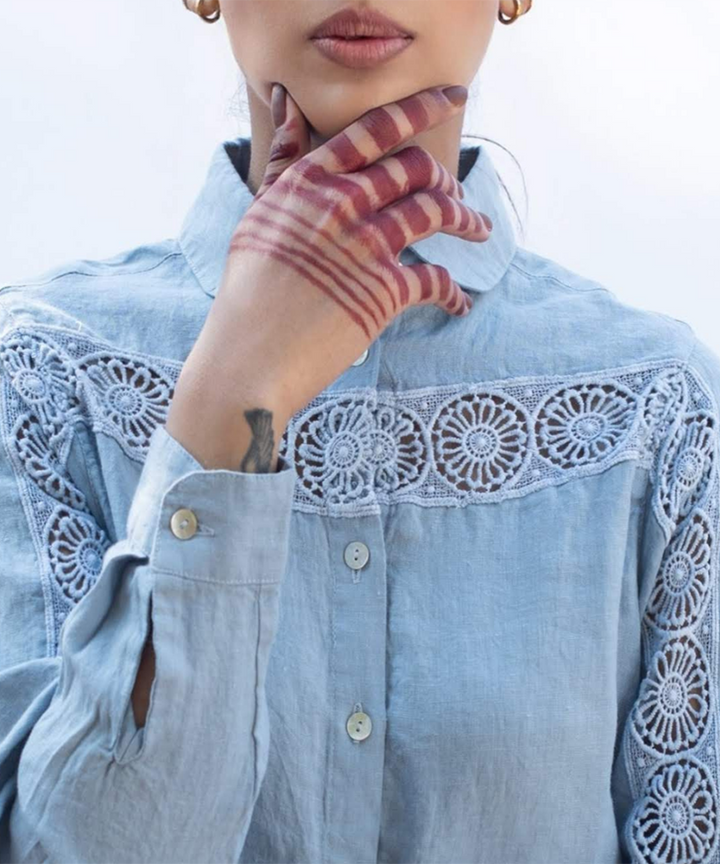 Blue handcrafted linen shirt with lace