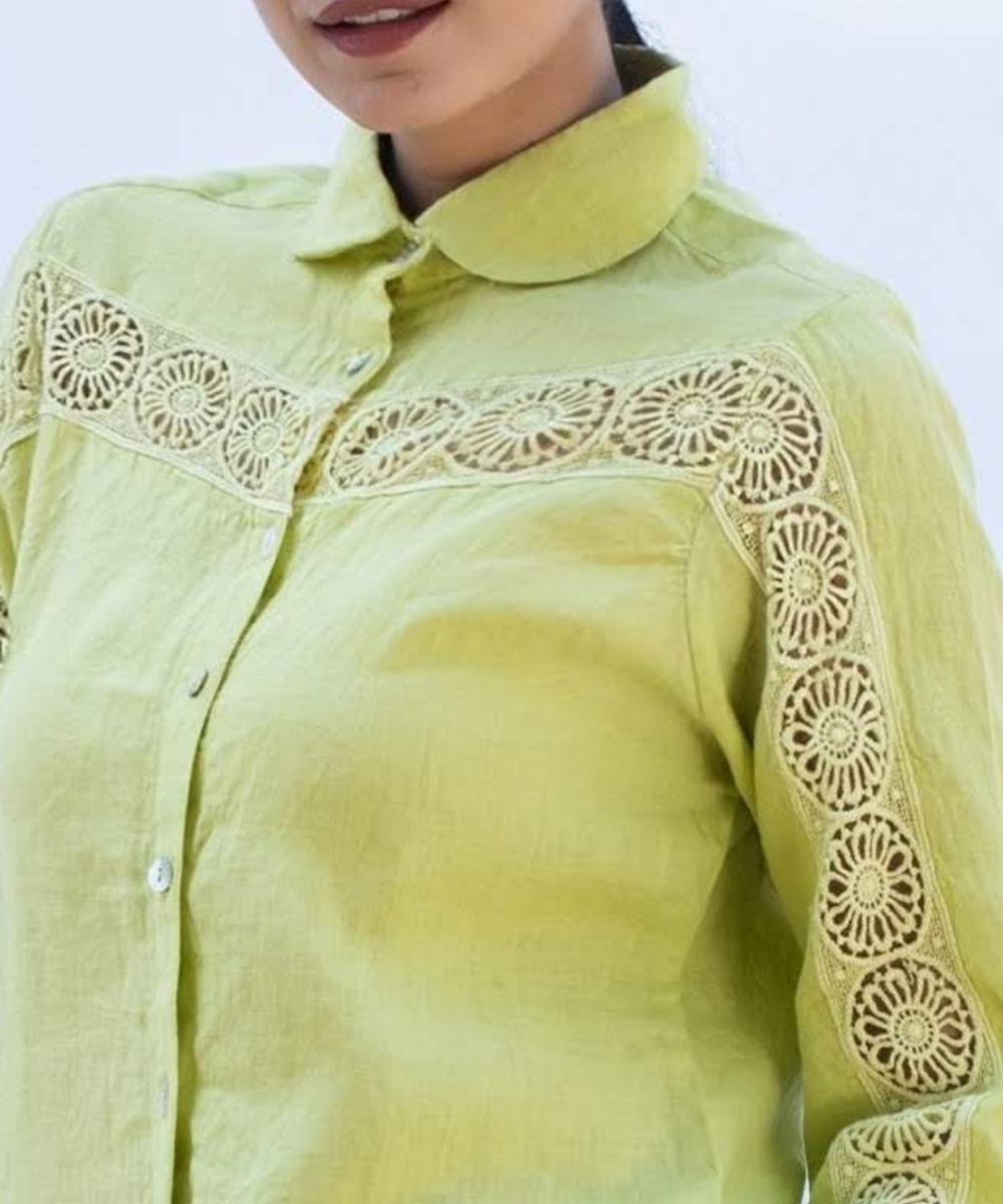 Lime green handcrafted linen shirt with lace