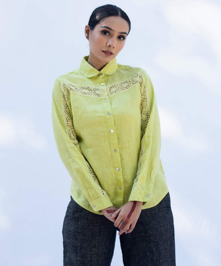 Lime green handcrafted linen shirt with lace