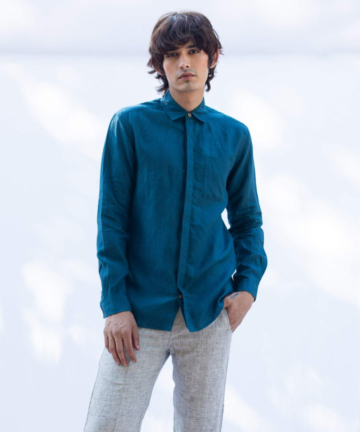 Teal blue handcrafted long sleeve linen shirt