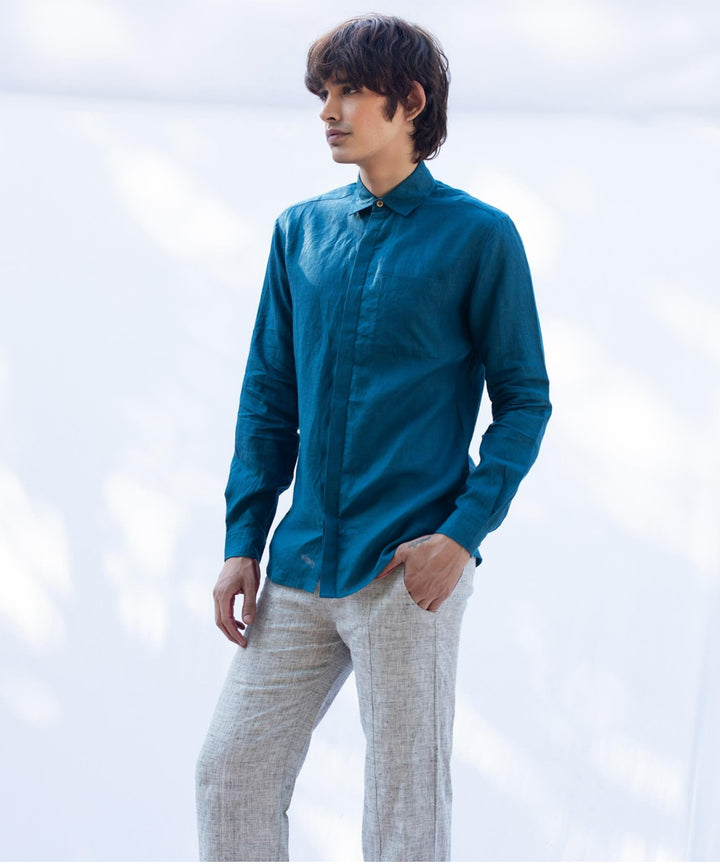 Teal blue handcrafted long sleeve linen shirt