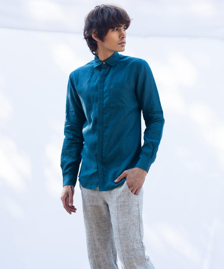 Teal blue handcrafted long sleeve linen shirt