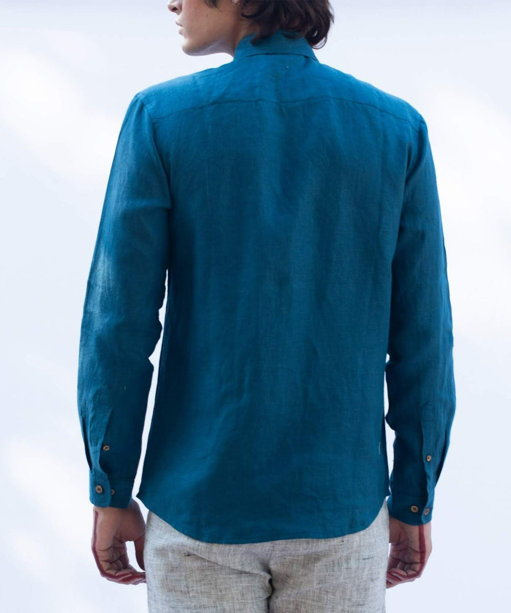 Teal blue handcrafted long sleeve linen shirt