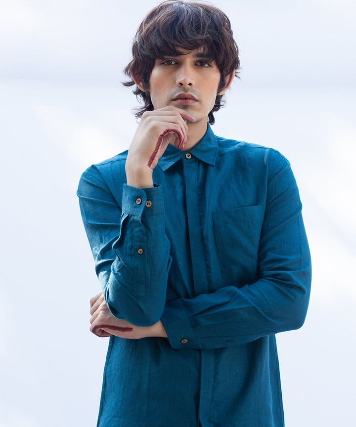 Teal blue handcrafted long sleeve linen shirt