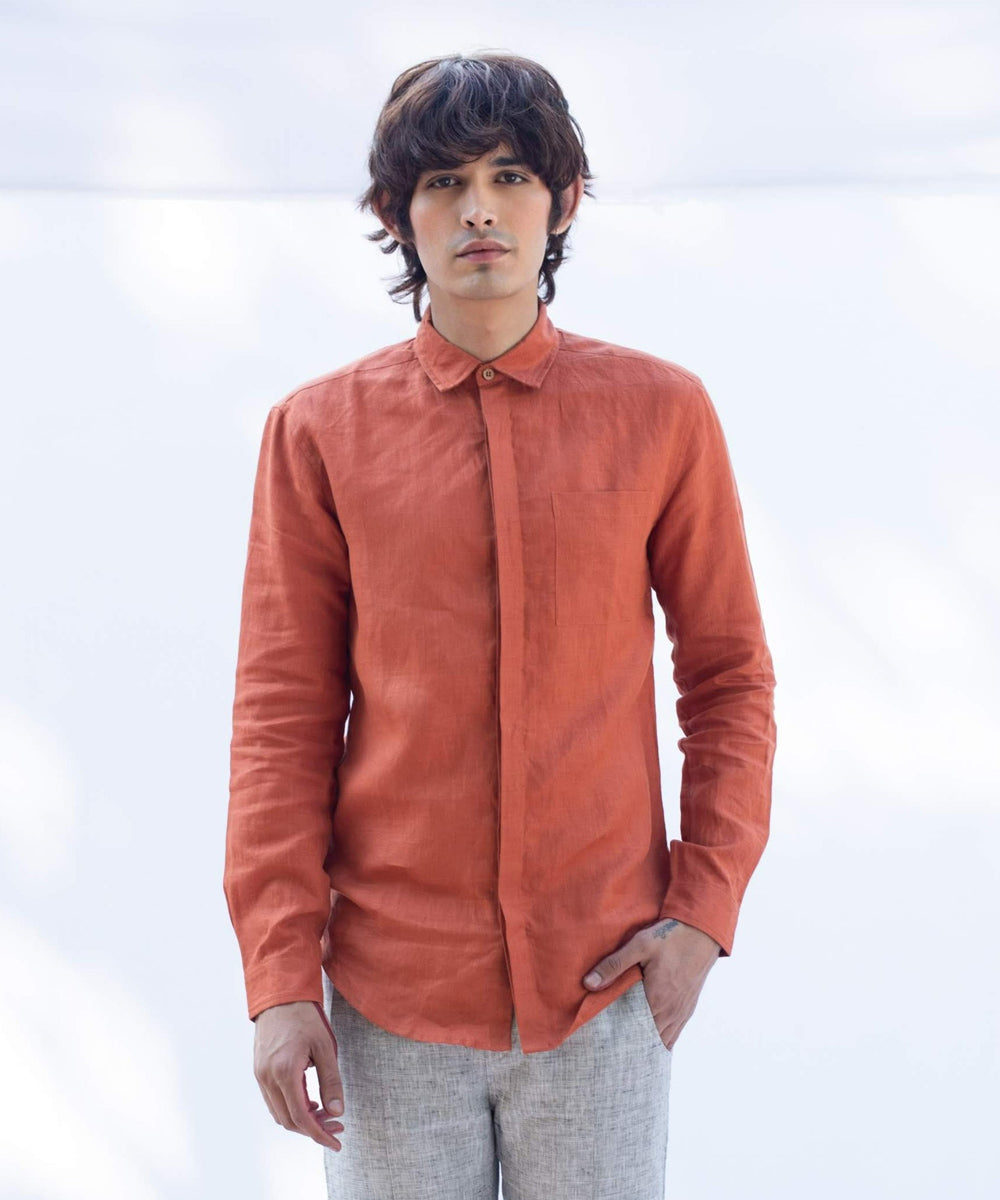 Rust orange handcrafted long sleeve linen shirt