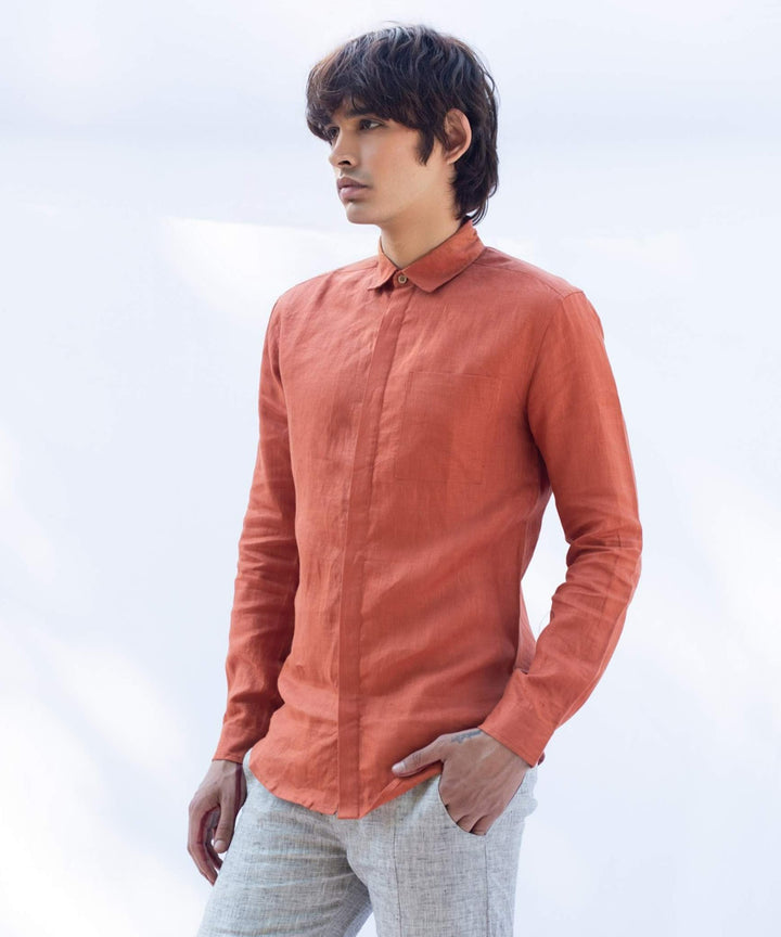Rust orange handcrafted long sleeve linen shirt