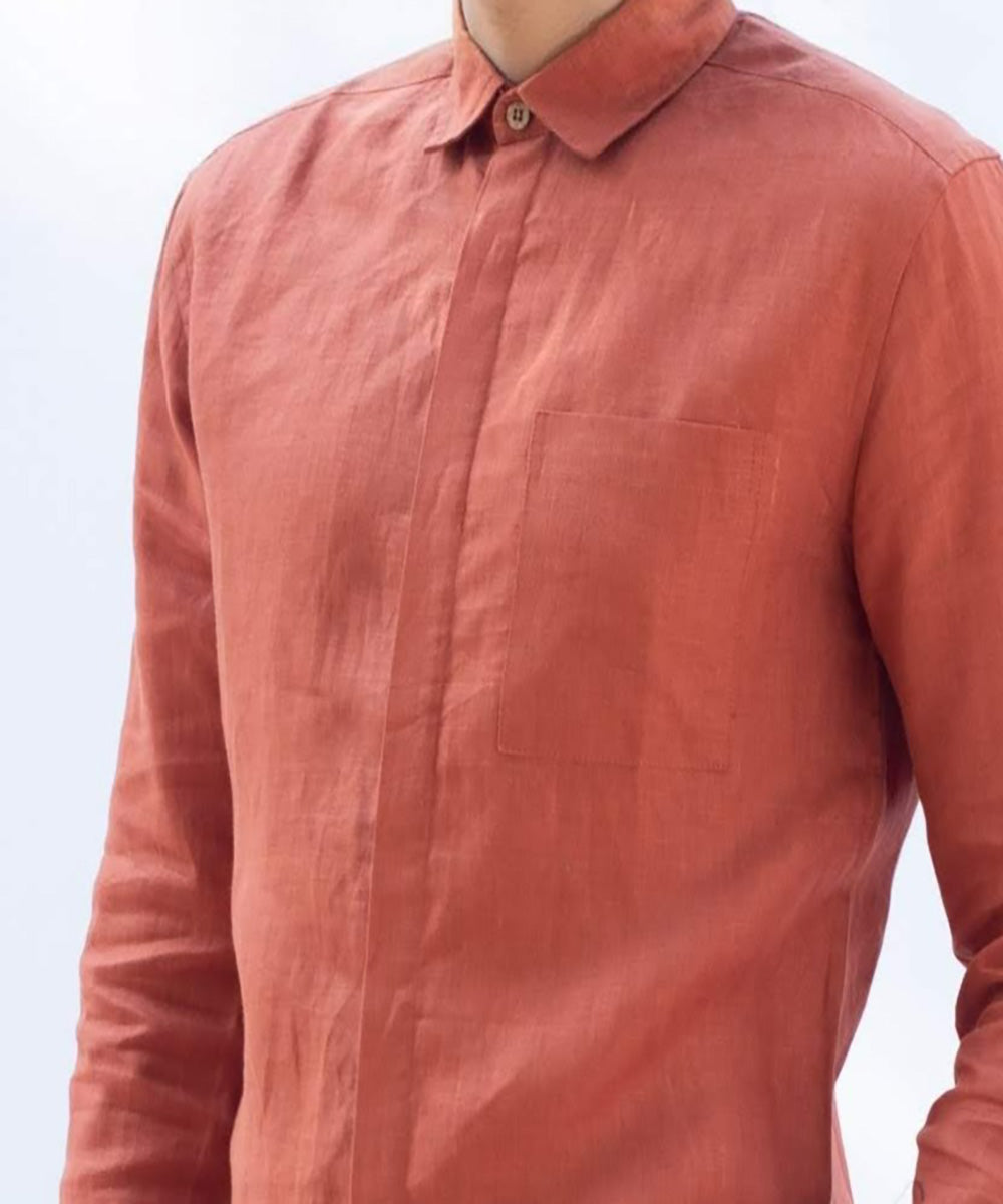 Rust orange handcrafted long sleeve linen shirt