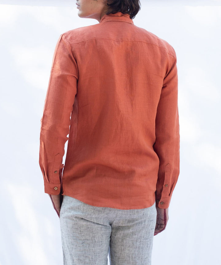 Rust orange handcrafted long sleeve linen shirt