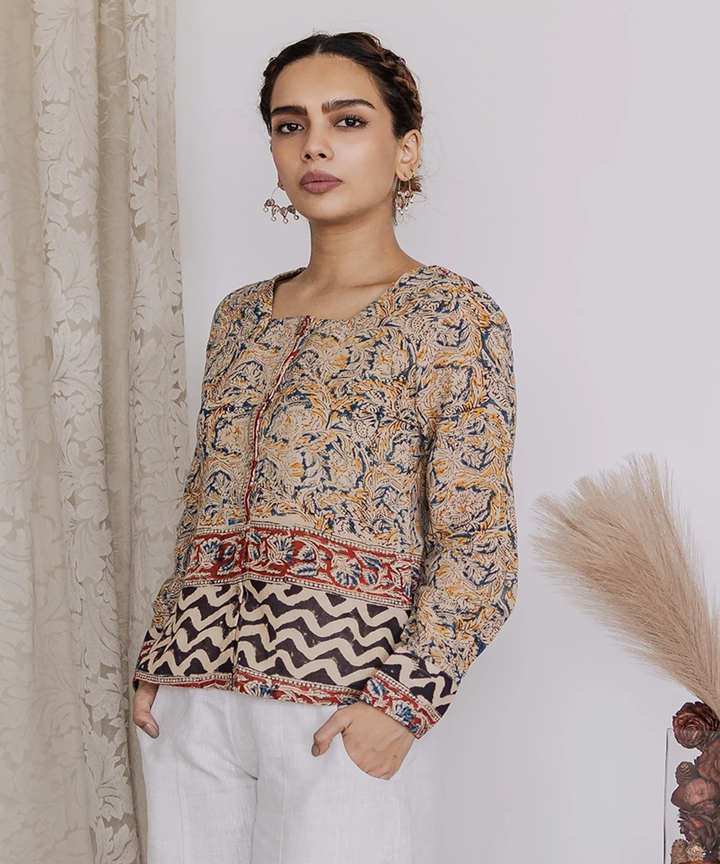 Multicolor handcrafted kalamkari cotton square neck shirt