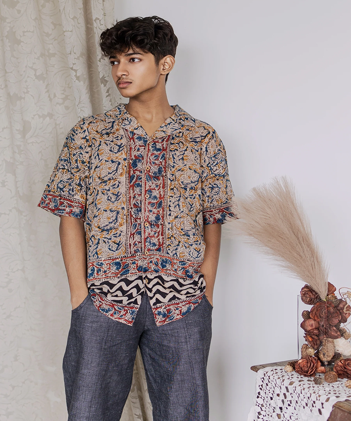 Multicolor handcrafted kalamkari cotton men shirt