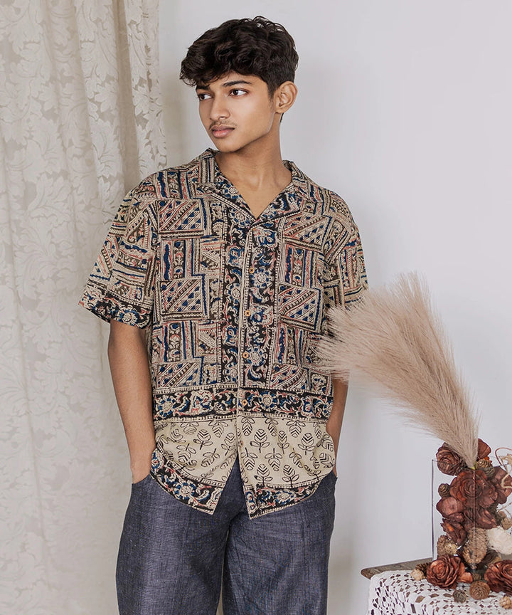 Multicolor handcrafted kalamkari cotton men half shirt