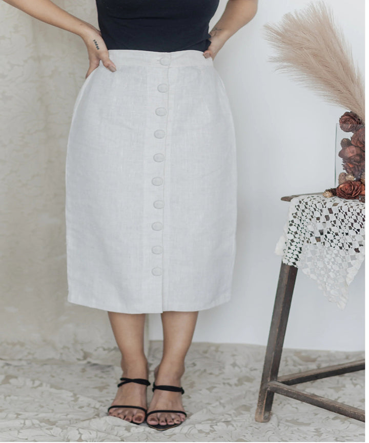 White handwoven linen straight skirt