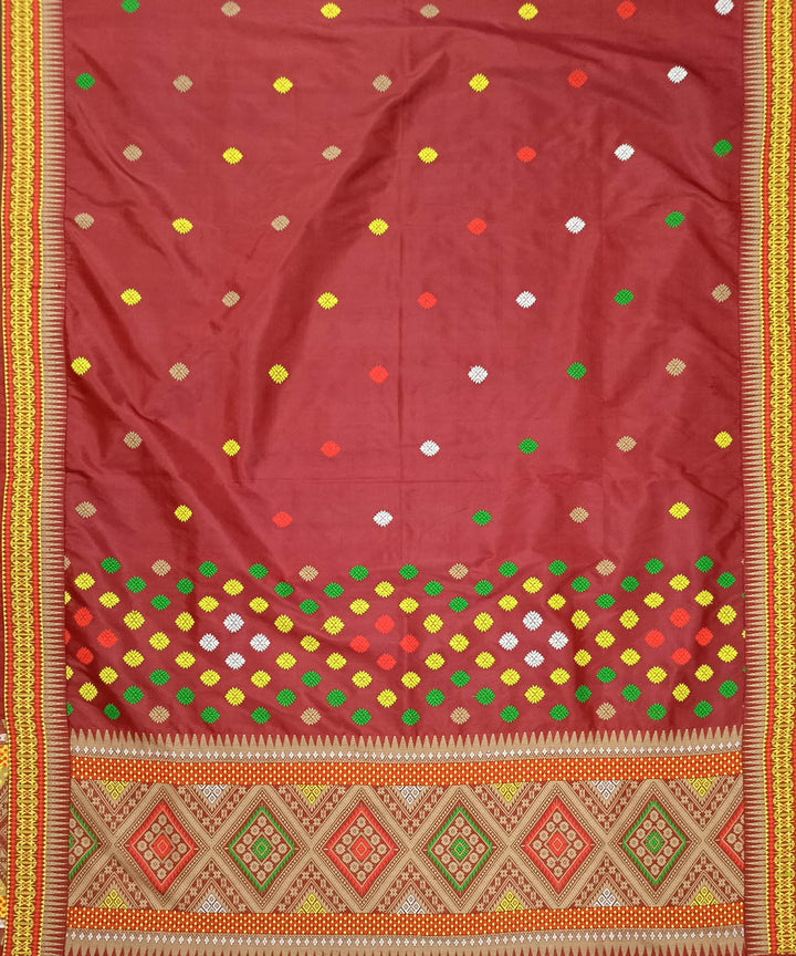 Deep red multicolor silk handloom assam mekhela chador