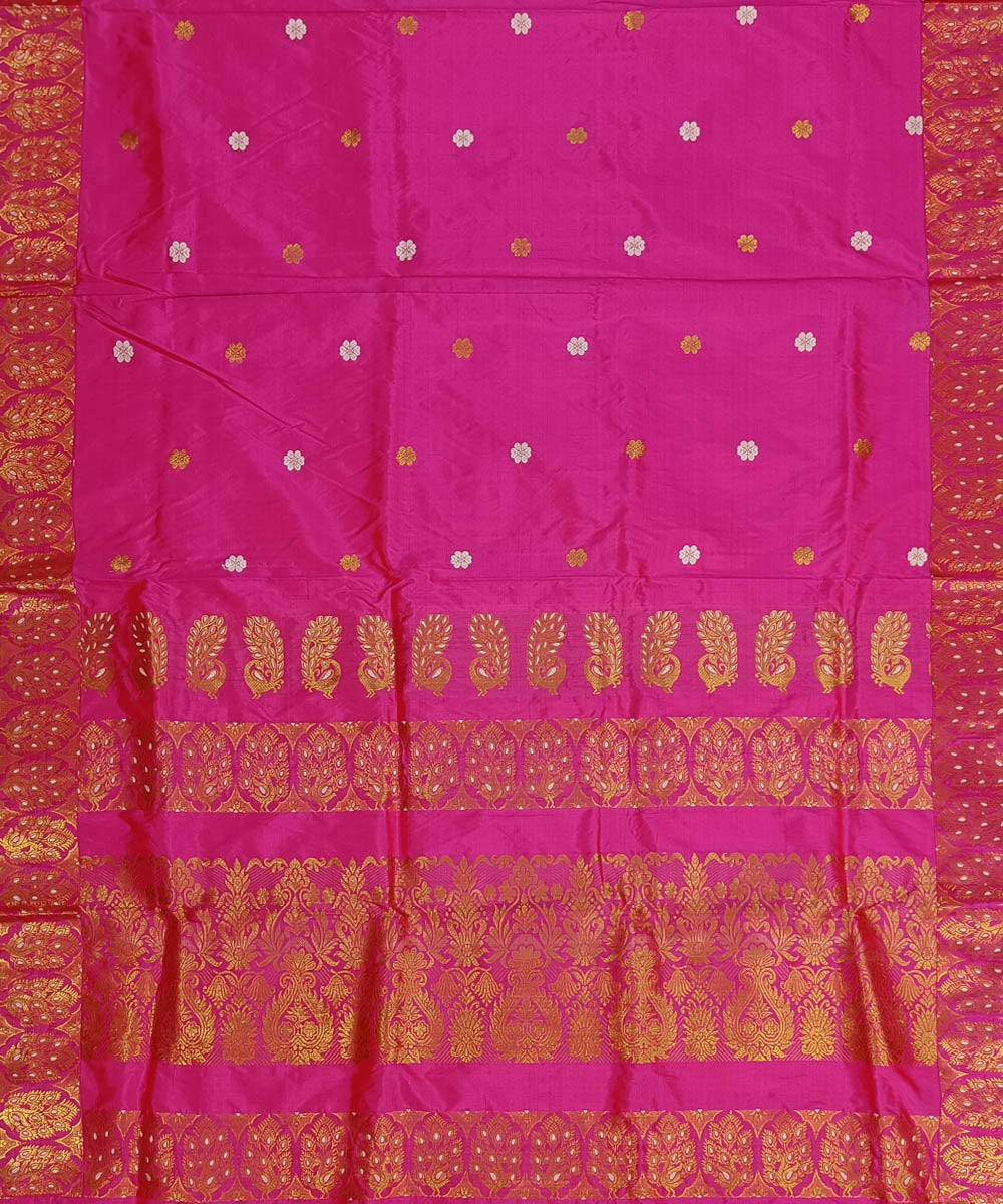 Pink golden zari pallu silk handwoven assam saree