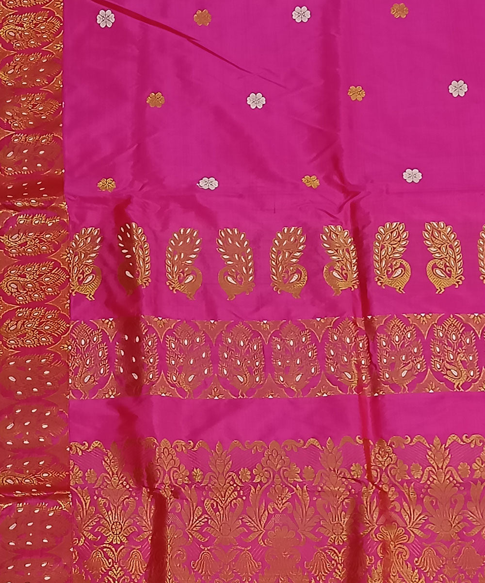 Pink golden zari pallu silk handwoven assam saree