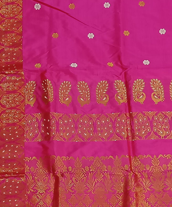 Pink golden zari pallu silk handwoven assam saree