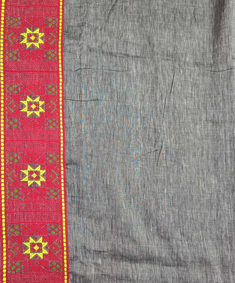 Grey mustard red linen handwoven assam saree