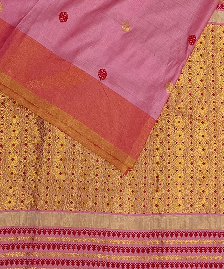 Rose pink golden zari silk handwoven assam saree