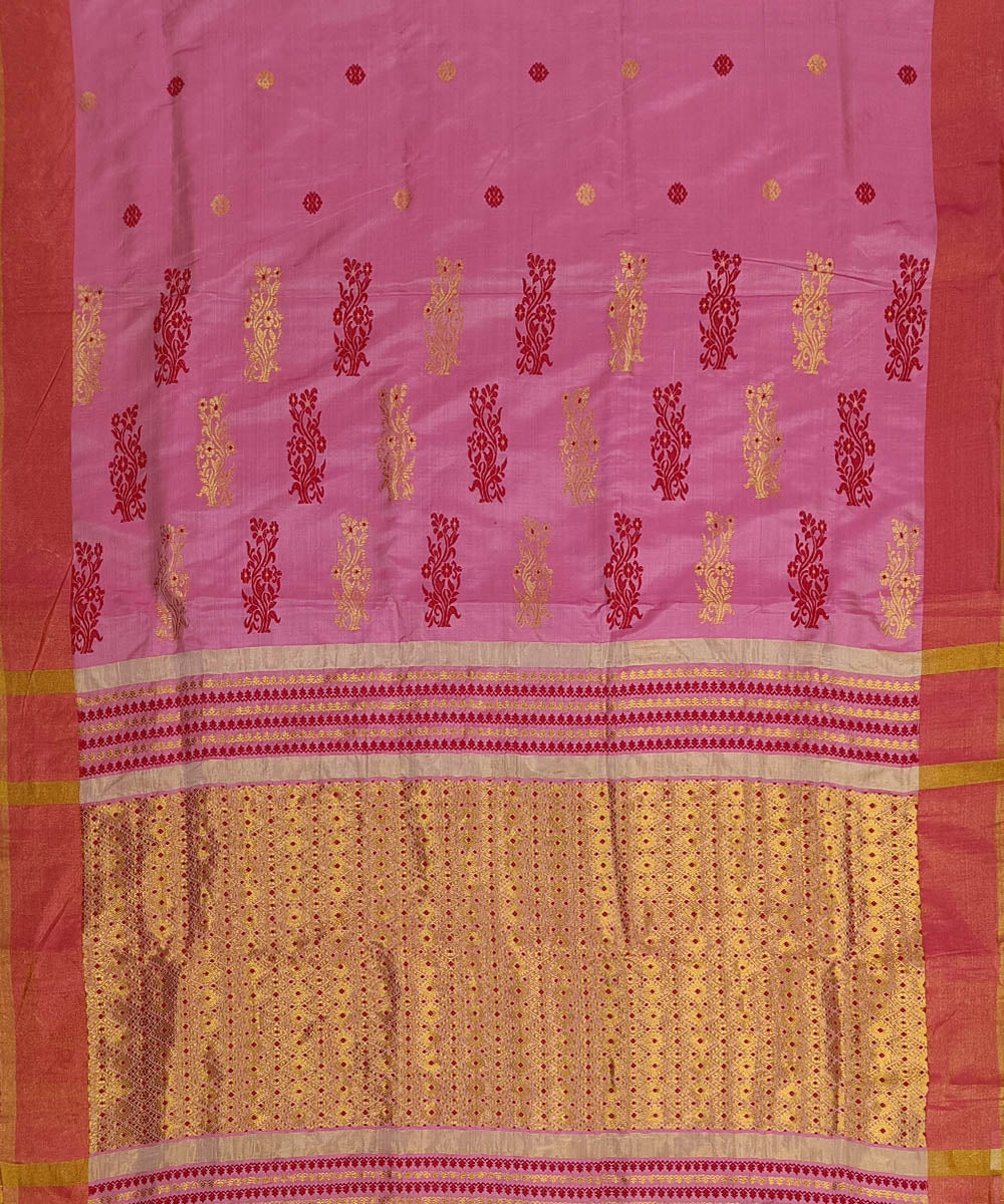 Rose pink golden zari silk handwoven assam saree