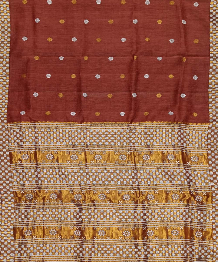 Chocolate brown offwhite silk handwoven assam saree