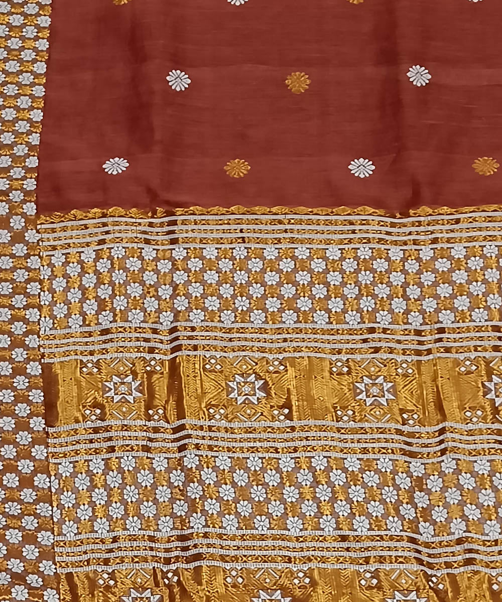 Chocolate brown offwhite silk handwoven assam saree