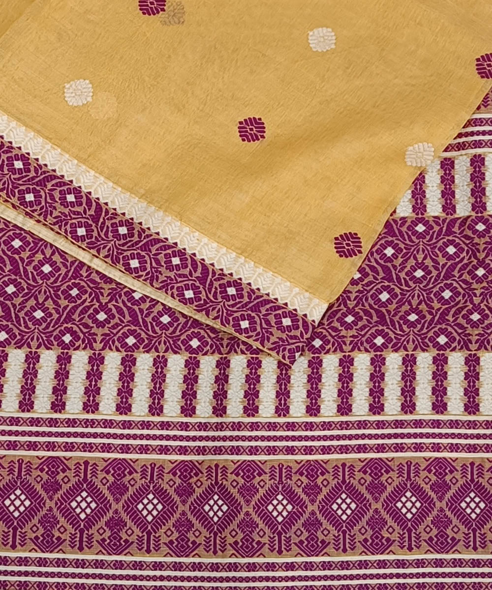 Light yellow purple silk handwoven assam saree