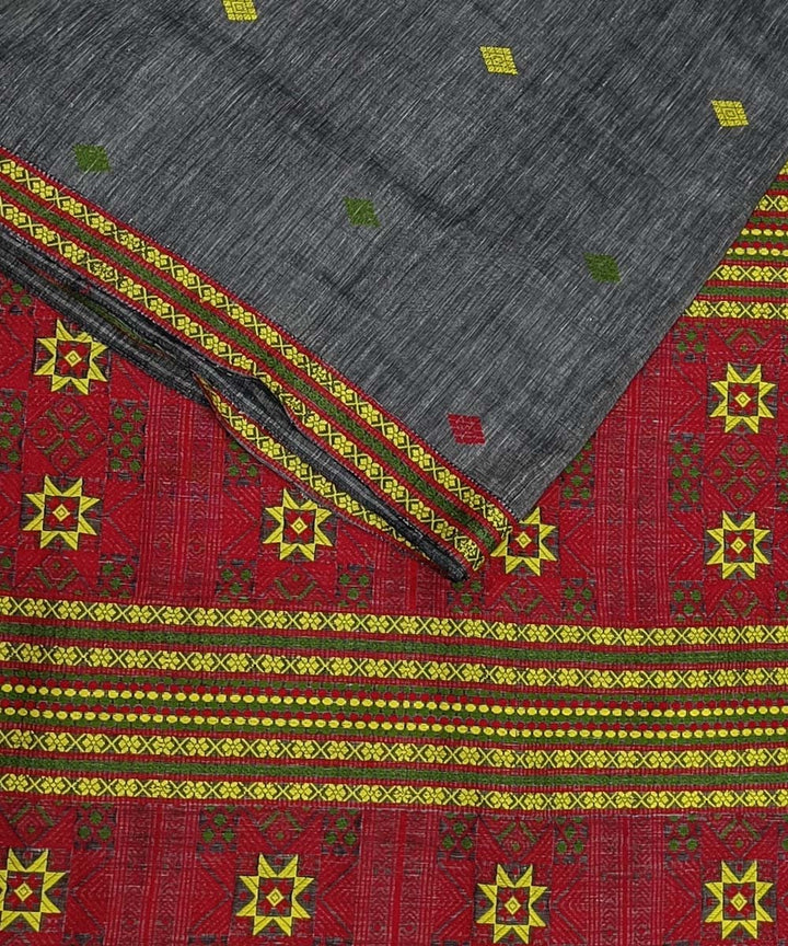 Grey red silk handwoven assam saree