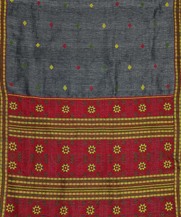 Grey red silk handwoven assam saree
