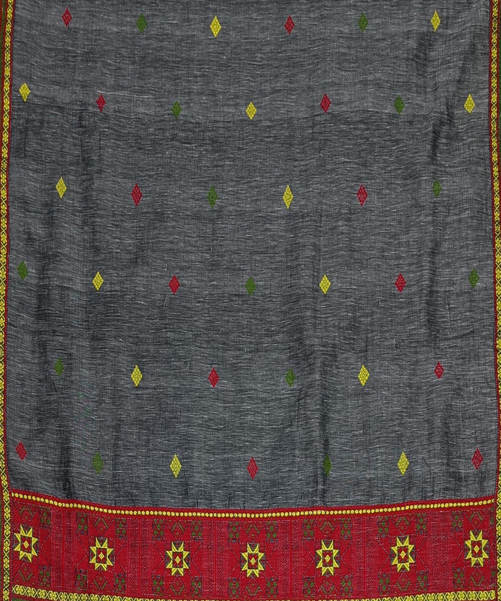Grey red silk handwoven assam saree