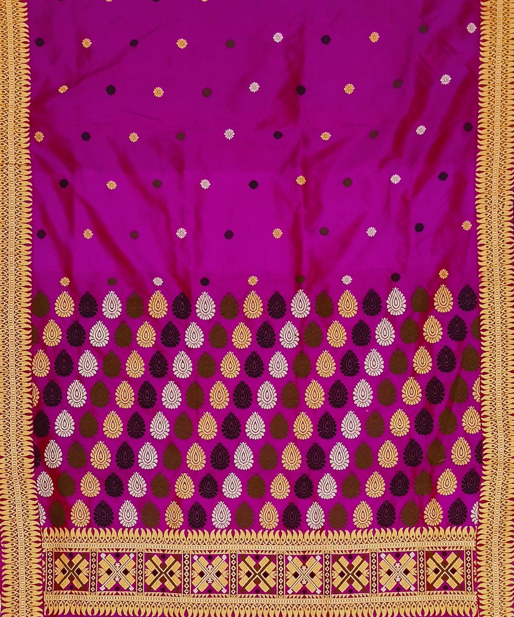 Purple yellow silk handwoven assam saree