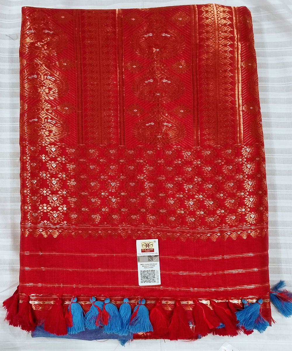 Sky blue red silk handwoven assam saree