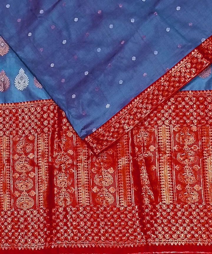 Sky blue red silk handwoven assam saree