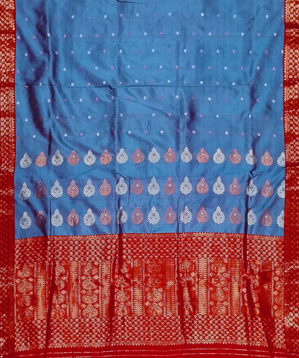 Sky blue red silk handwoven assam saree