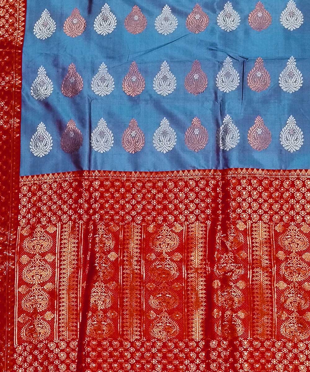 Sky blue red silk handwoven assam saree