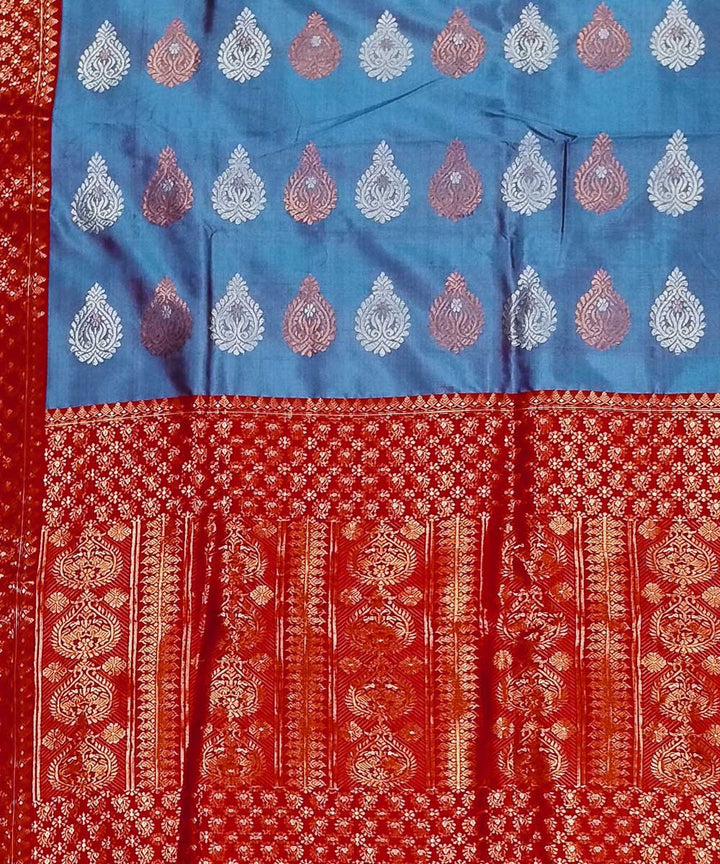 Sky blue red silk handwoven assam saree