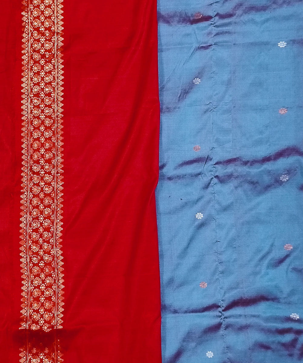 Sky blue red silk handwoven assam saree