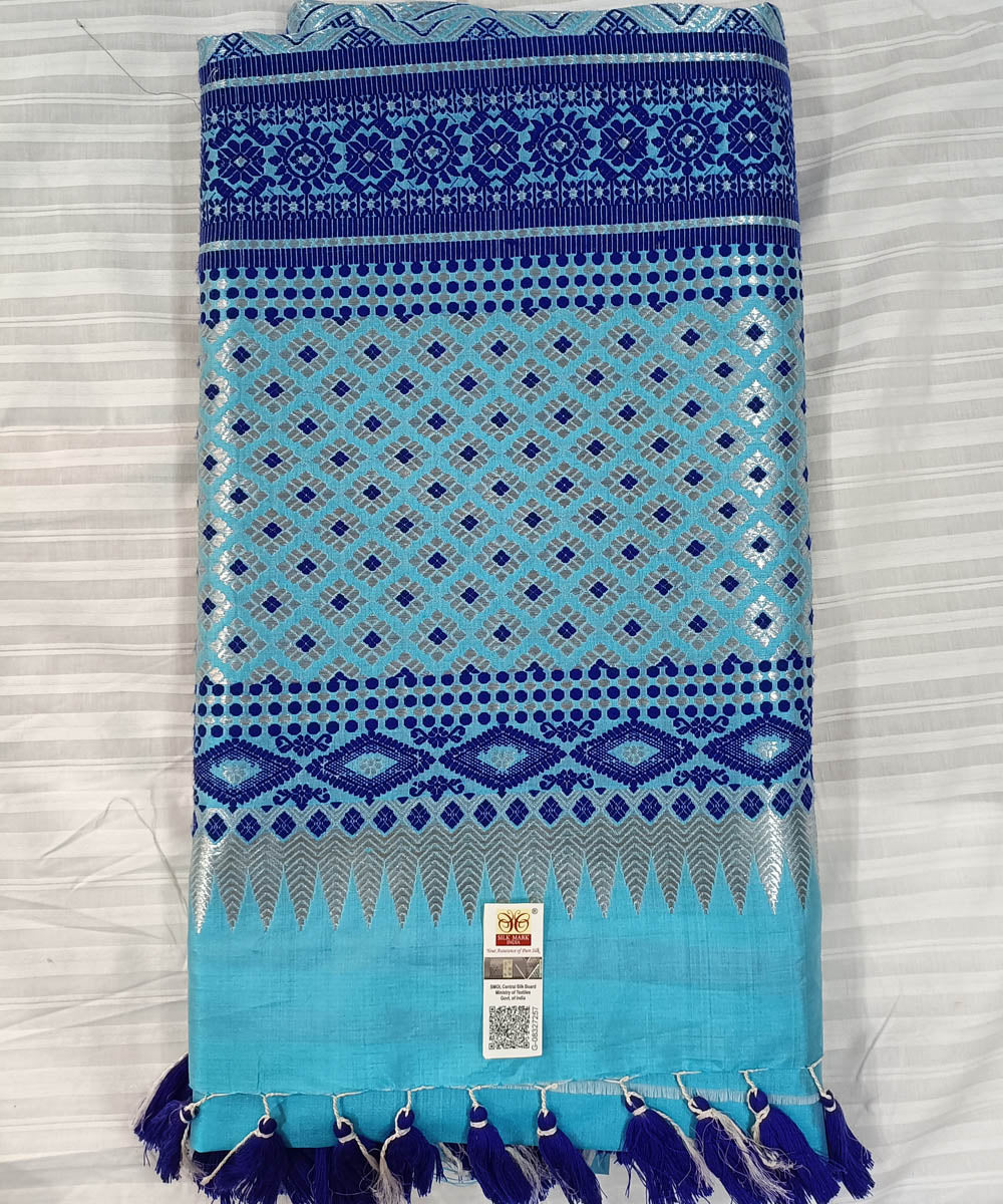 Sky blue navy blue silk handwoven assam saree