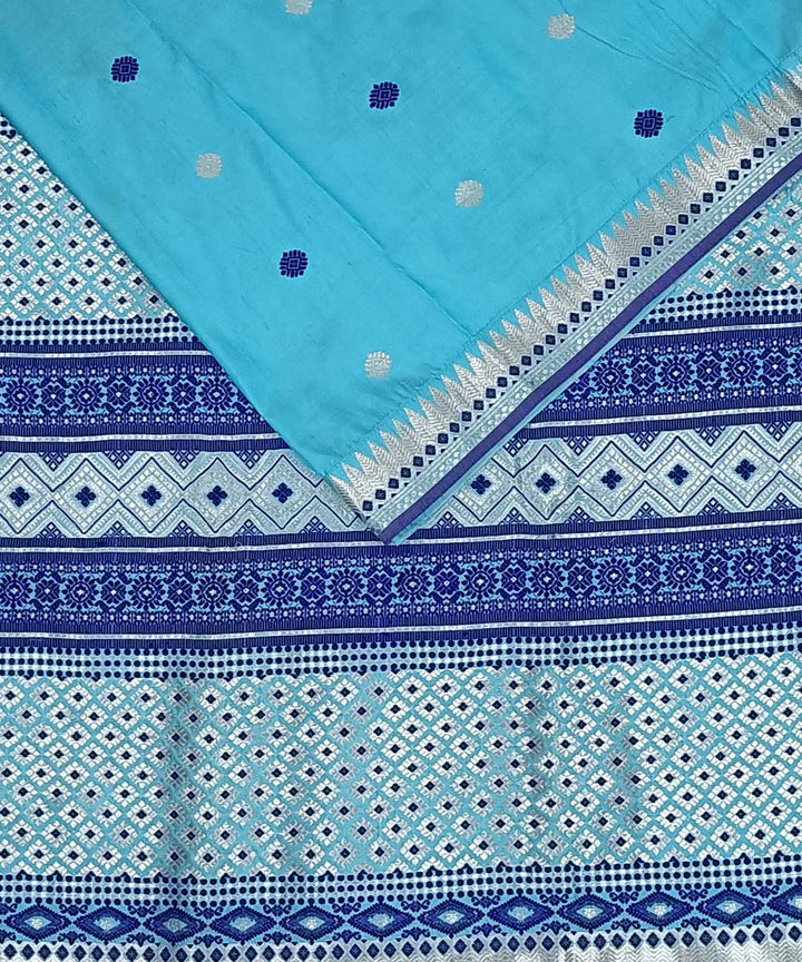 Sky blue navy blue silk handwoven assam saree
