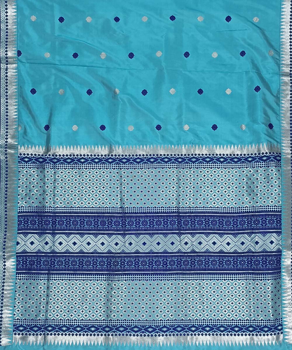 Sky blue navy blue silk handwoven assam saree
