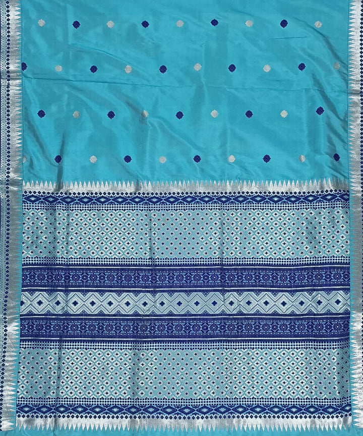 Sky blue navy blue silk handwoven assam saree